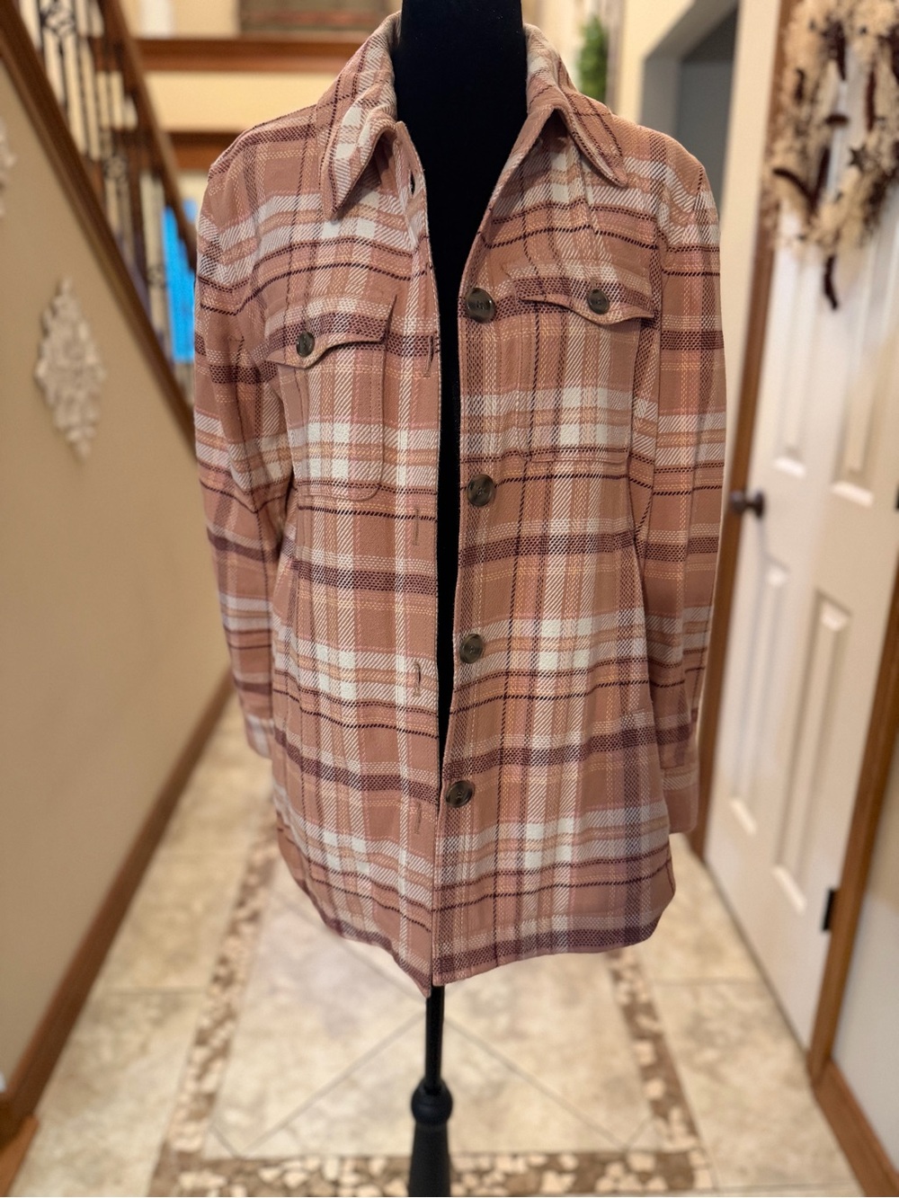 LOFT Oversized Pink Plaid Heavyweight Shacket Shirt Jacket XS/S